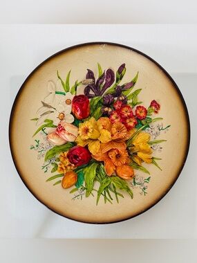 Vintage Artamic 3D Floral Wall Plaque Plate High Relief Flowers Hand Painted